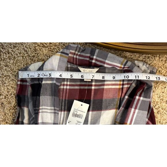 CATO Grey Red Plaid Open Front Cardigan Cotton Vest Women's Size Medium Raw Hem - Picture 11 of 12